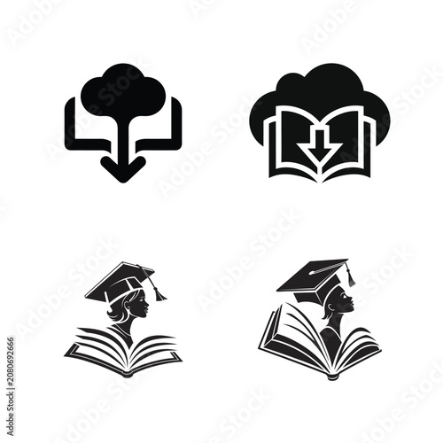Black and White Icons of Books and Graduation Caps for Digital Education and Online Study Concepts