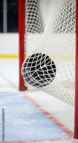 Sharp focus on a black hockey puck bulging the white netting of a goal on a frozen rink, with a clean out-of-focus area for text overlays, close-up, surface, exercise