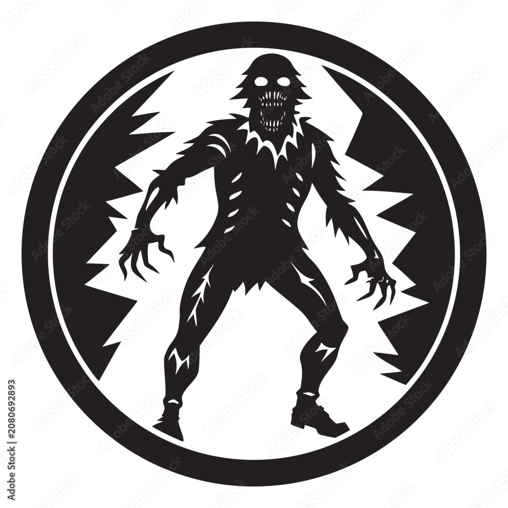 Fototapeta premium Black and white circular emblem featuring a menacing silhouette of a standing monster or zombie creature with sharp claws, jagged teeth, and a tattered, ragged clothing style