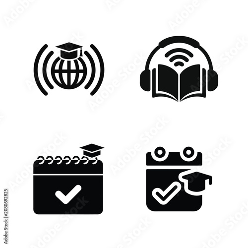 Set of Education Icons Featuring Online Learning Symbols and Academic Planning Tools in Minimal Style