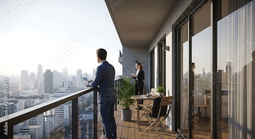 Business Professionals on Balcony with City Skyline View