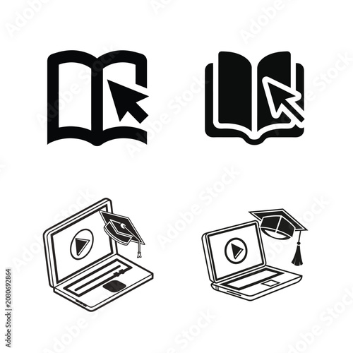 Black and white digital education icons featuring open books and laptops with graduation caps