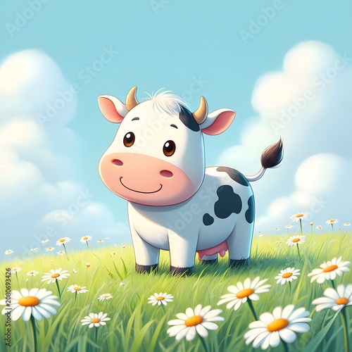 Smiling cow standing in a field of flowers