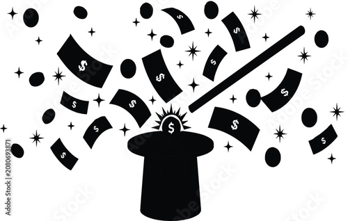 Tablou pe pânză Magic Hat Illustration with Exploding Money, Dollar Bills, and Coins Representin