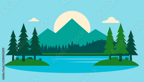 Lake landscape with pine tree islands and mountains.
