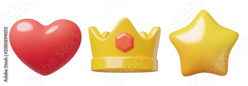 Crown, heart and star 3d icons. Cute plastic social media stickers. Realistic vector elements set isolated on white background.