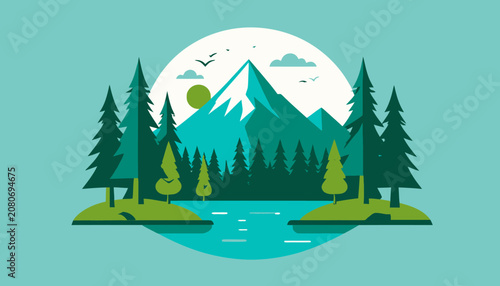 Minimalist mountain landscape with pine forest and lake.