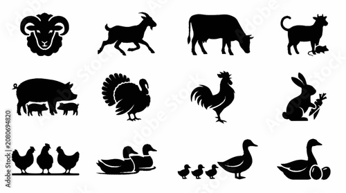 Tableau sur toile Black Silhouette Collection of Farm Animals and Poultry.