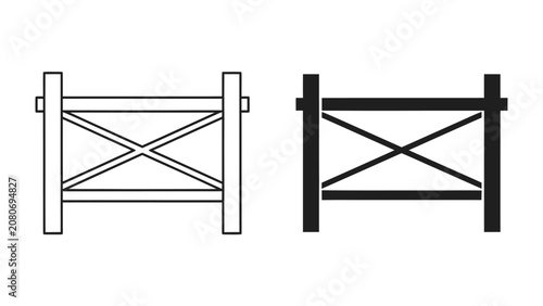 Tablou pe pânză Wooden Fence Designs: Two wooden fence sections, one outlined in white and the other filled in black, showcase a classic crossbuck design, representing rustic charm and property delineation