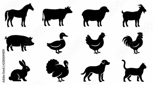 Canvastavla Black Silhouette Collection of Farm and Domestic Animals.