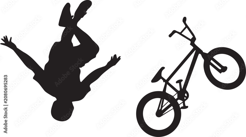Obraz premium BMX freestyle rider performing aerial backflip stunt silhouette vector illustration isolated on white background, extreme cycling sports action concept