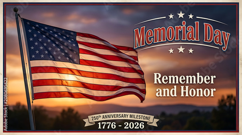 Memorial day poster with waving american flag and remember honor text