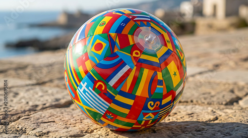 Colorful decorative globe with vibrant national flag patterns on sandy beach