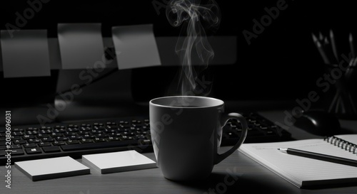 Steaming coffee mug on a desk beside a keyboard and sticky notes, perfect for productivity and focus.