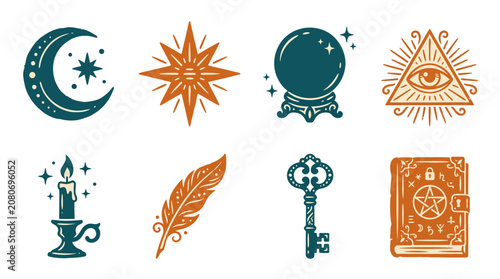 Mystical magic esoteric icons vector set