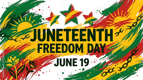 Colorful juneteenth freedom day celebration graphic design with stars and sunburst