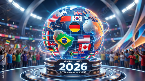 Global unity trophy with flags of different countries for international event 2026