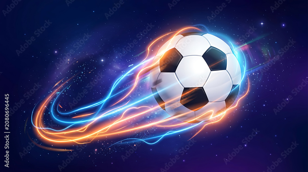 Naklejka premium Futuristic soccer ball with speed light trail against cosmic background