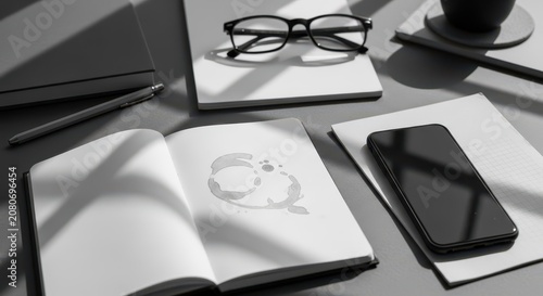 Minimalist flatlay workspace with open notebook, glasses, and smartphone
