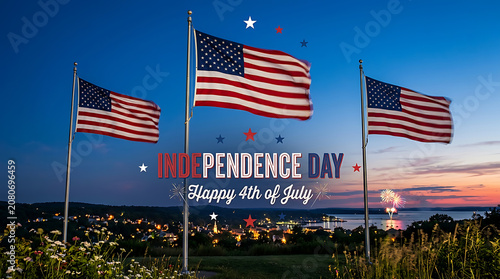 Three american flags waving on independence day with city skyline at sunset
