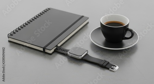 Minimalist gray desk flatlay with a modern smartwatch, black notebook, and coffee cup, perfect for business or productivity concepts.