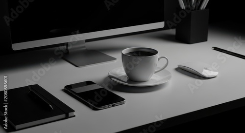 Modern Desk Workspace With Coffee And Technology Elements Showing Professional Organization And Productivity