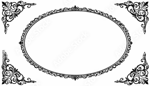 Oval ornamental frame with decorative corner flourishes.