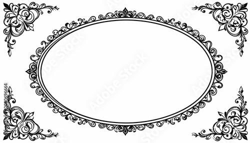Oval ornate frame with vintage corner floral flourishes.