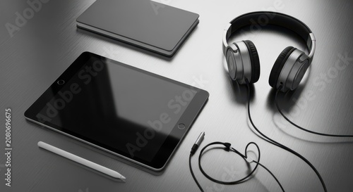 Monochrome Workspace with Tablet, Headphones, and Stylus on a Sleek Surface