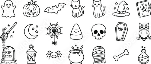 Halloween doodle icon set ghost pumpkin witch spooky elements for fall designs