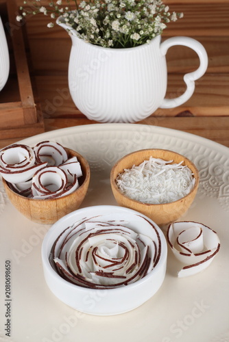 Fresh coconut fruit cut into various shapes