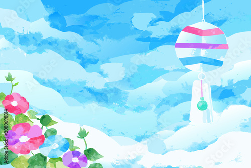 Konstfotografi Japanese Morning Glory And Wind Chime Watercolor Illustration