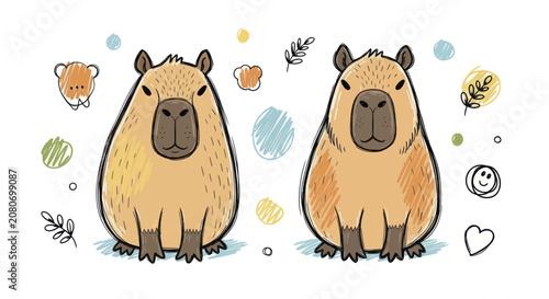 Foto Two Adorable Capybaras Sitting Together in a Playful Illustration Style