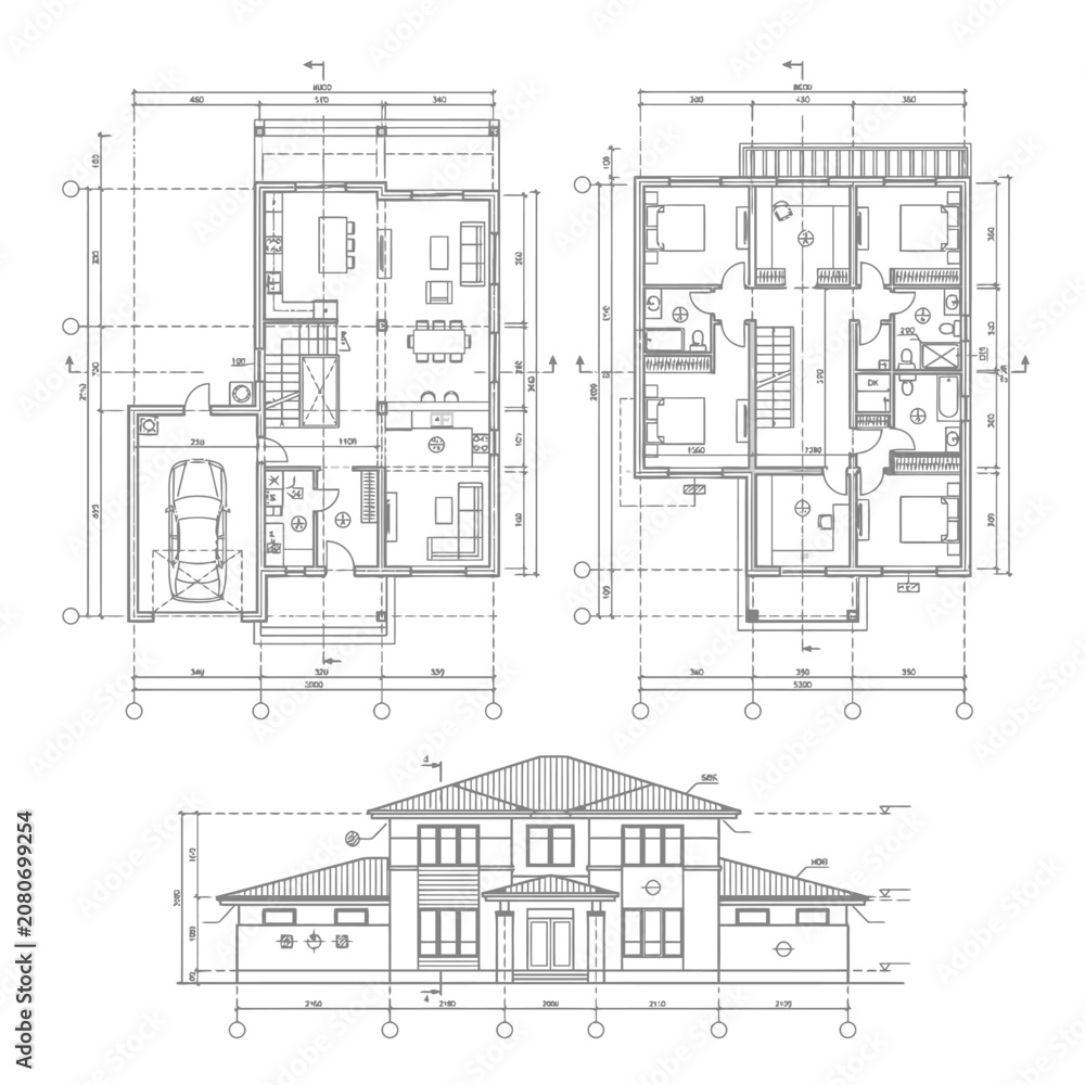 Fototapeta premium Architectural set including floor plans and front elevation.