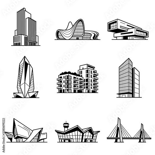 Architectural landmark icons collection line art set