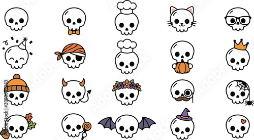 Halloween skull collection cute spooky icons for fall celebrations and digital designs