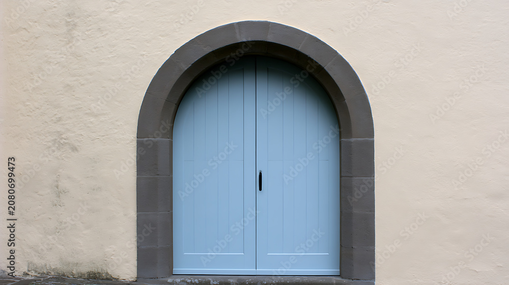 Fototapeta premium Charming Arched Blue Wooden Door in a Cream-Colored Mediterranean Wall, a Timeless Architectural Detail on a Sunny Day