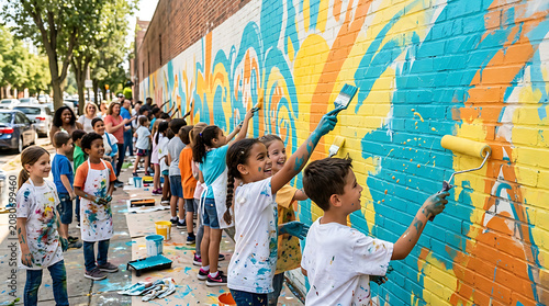 Group of children painting vibrant mural on outdoor wall in community art project