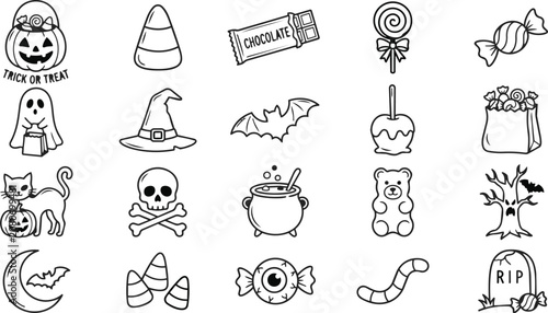Halloween icons and symbols for kids black and white illustrations of spooky and sweet treats for halloween party decorations