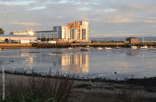 Photos Dawn Reflections of Modern Buildings on Mudflats and Beach of Firth of Forth
