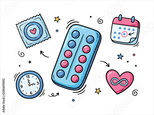 Contraceptive birth control vector doodle health set