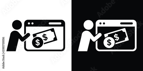 Fotografie Vector icon showing a user interacting with cash bills and coins on a browser window, ideal for digital wallet and web payment concepts