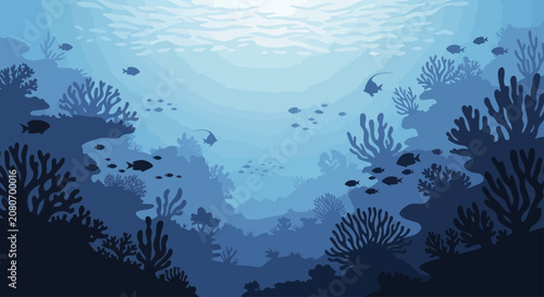 Photography Underwater Ocean Scene with Coral Reef and Marine Life.
