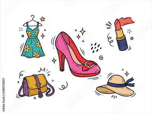 Womens fashion apparel vector doodle icon set