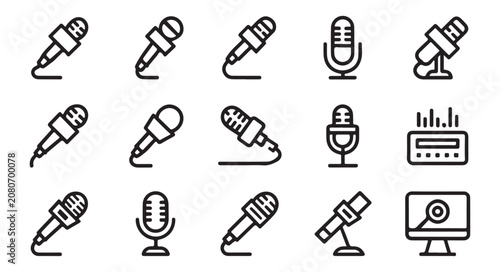 Editable Stroke Microphone Vector Icons for Voice Recording and Streaming Projects