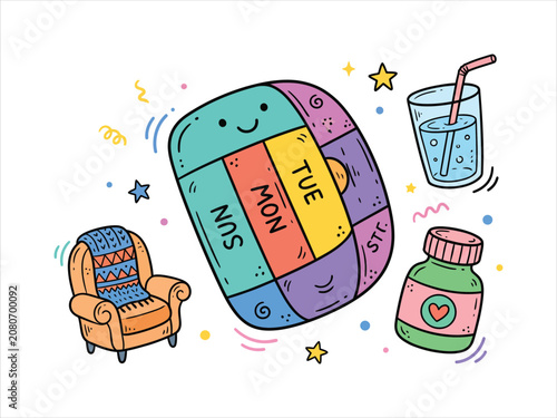 Weekly pill organizer vector doodle medical set