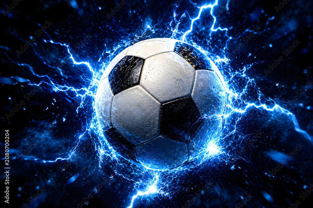 Naklejka premium Electric Soccer Ball with Blue Lightning Energy on Dark Background
