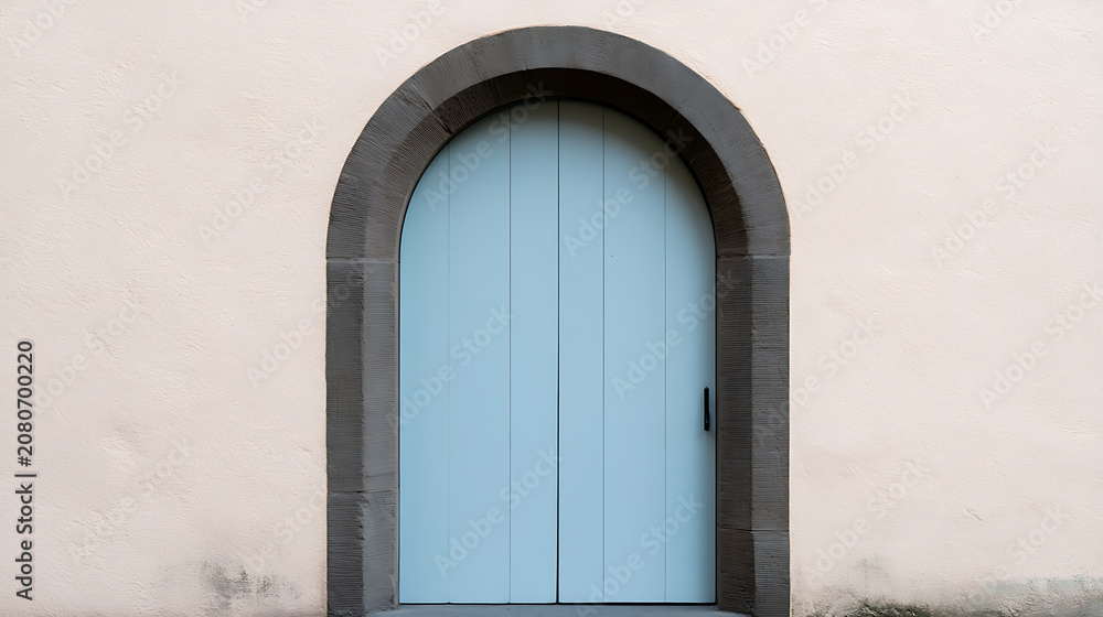 Fototapeta premium Arched Entryway with Light Blue Doors and Pale Pink Wall, Minimalist Mediterranean Architecture, Historic Building Exterior, Old World Charm