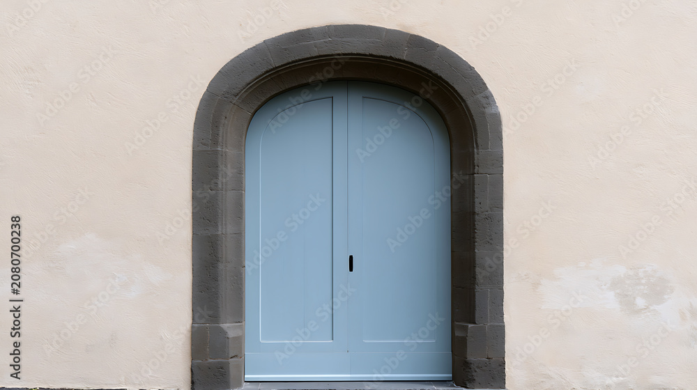 Fototapeta premium Architectural Detail: A Light Blue Arched Wooden Door with a Dark Frame Set Against a Subtle Beige Textured Wall, Evoking Rustic Charm