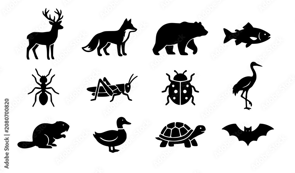 Fototapeta premium North American Forest Wildlife and Insects Solid Silhouette Vector Icon Set Featuring Deer Fox Bear Fish Ant Grasshopper Ladybug Heron Beaver Duck Turtle and Bat